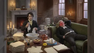 A dishevelled young man in a dusty black coat wrings a wet towel into a basin beside a punch bowl in candlelit chambers while a portly barrister lies on his back on the sofa.