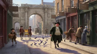 A large confident barrister strides up the middle of a sunlit London pavement near a stone archway, jostling smaller pedestrians aside as they flatten against a shop window.