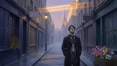 A dishevelled man in a black coat stands alone in an empty street at daybreak looking up at a church spire caught by the first sunlight above the shadowed roofs.