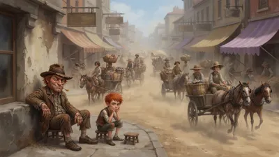 A rusty-looking man with a straw in his mouth sits on a stool outside a bank on a crowded Fleet Street while a thin boy squats on the kerb beside him.