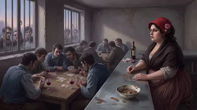 Ragged men whisper over small measures of wine in a dim barred wine shop at dawn while a composed woman in a red cap sits behind the counter with a bowl of battered coins.