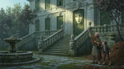 A deserted stone chateau courtyard with carved faces on every balustrade and a dripping fountain, where two ragged villagers stand back among dead leaves pointing up at one face above a window.