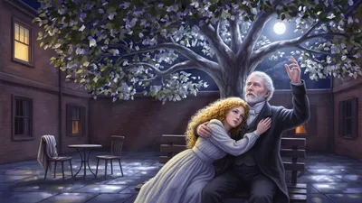 Under a moonlit plane tree in a walled courtyard, a young woman rests her face against the breast of an upright white-haired gentleman who raises one hand toward the moon.