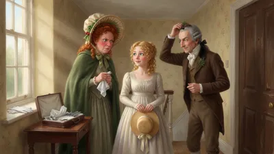 A bride in a pale gown stands on a sunlit landing while a neat elderly gentleman in a brown suit circles her admiringly and a tall red-haired woman clutches a handkerchief nearby.