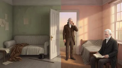 Seen through a doorway from a rumpled consulting room, a white-haired gentleman reads calmly at a sunlit window beside a covered shoemaker's bench while an unshaven elderly man in yesterday's clothes rubs his eyes in the doorway.
