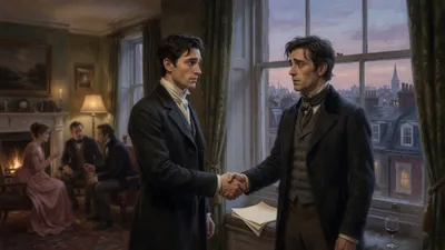 Two young men of similar build shake hands alone in a deep window bay while other guests talk by a fire at the far end of the lit room.