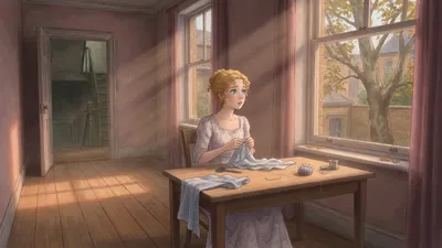 A young woman sits alone at a work table in a long quiet sunlit room with her sewing fallen into her lap, her head lifted as if listening to something distant.