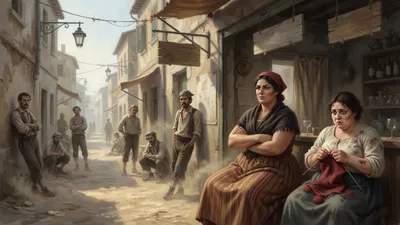 A woman in a red cap sits with folded arms at a wine shop counter in the morning heat while ragged loungers stand about a hot street under long-roped hanging lamps.