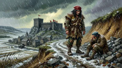 In a hailstorm on a high country road a small road-mender crouches by a heap of stones while a tall shaggy traveller in skins and wooden shoes stands over him, a village and a crag-top prison beyond.
