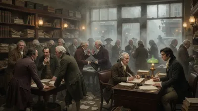 A crowded misty bank back room full of shabby-genteel French gentlemen arguing, with an elderly clerk in a brown suit at his desk and a young man in a plain dark coat leaning down to talk to him.