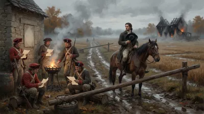 A lowered wooden barrier across a muddy French country road where red-capped armed citizens examine a traveller's papers by lantern light while he waits on horseback, a second barrier visible far behind him in the mist.
