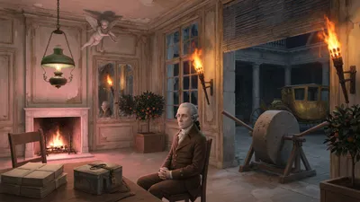 An elderly clerk in a brown suit sits by a small fire in a lamplit bank room, looking through tall windows at a torchlit courtyard where a large empty grindstone stands beside orange trees and an abandoned gilded carriage.