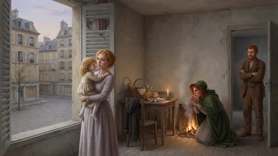 A bare rented Paris room where a young woman holds a small girl at a shuttered window overlooking a square of abandoned houses, a tall red-haired woman kneels blowing up a small fire, and a square rusty-looking man stands with folded arms filling the doorway.