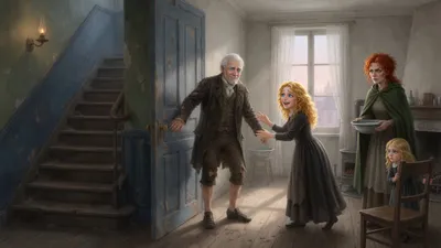 An upright white-haired man stands filthy and hatless in a lodging doorway steadying himself on the frame while a young woman crosses the room to him with both hands out and a tall red-haired woman waits by the hearth holding a basin of water.