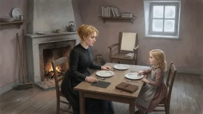 In a plain tidy Paris room a young woman in a dark dress hears a small girl's lesson at a scrubbed table, while an empty armchair against the wall holds a folded newspaper and two books set ready for someone.