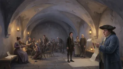 In a vaulted prison chamber a bloated-faced gaoler in spectacles reads a long list aloud while a few prisoners stand apart on a cleared patch of floor, and at the other end of the room others set out games and drag chairs into a half circle for a concert.