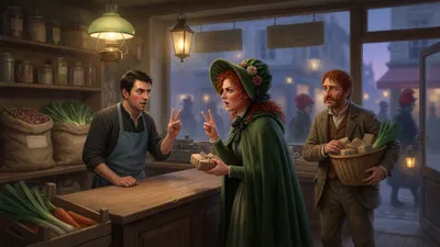 In a small lamplit grocer's shop a tall red-haired Englishwoman holds up two fingers against a shopkeeper's three while gripping the goods she wants, and a square rusty-looking man stands behind her holding a market basket.