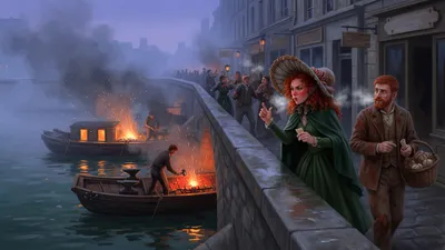 On a foggy bridge at evening a tall red-haired woman counting on her fingers walks beside a square rusty-looking man with a basket, while below them barges hold blazing forges throwing sparks into the mist.