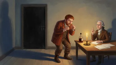 In a lamplit room a square rusty-looking man shifts his weight and studies his fingernails with a hand cupped before a cough while a seated elderly clerk in a brown suit raises a forefinger at him, a shut dark door behind them.