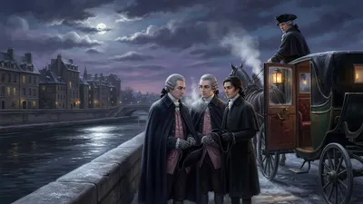 On a moonlit river quay in winter a travelling carriage stands with its door open while two identical cloaked gentlemen stand side by side beside it, a young dark-haired physician with his hat in his hand placed between them and the door.