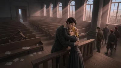 In an emptied tribunal hall with abandoned benches and open doors, a man leans far out over the front of the dock with both arms round a woman who stands on tiptoe on a raised place with her arms up round his neck, a few guards waiting at a distance.