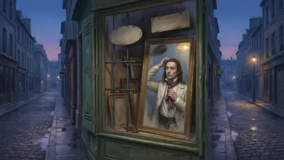 At dusk in a narrow shuttered street a man in a white riding coat stands before a mirror propped in a shop window, straightening his loose cravat and pushing his hair back while his reflection looks steadily out.
