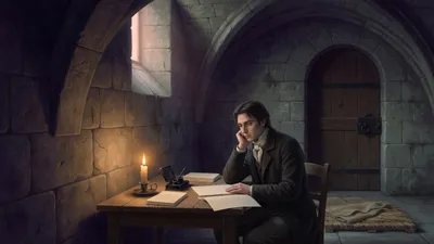 In a vaulted stone cell a thin pale man sits writing by a single bought candle at a small table with two folded letters already set aside, a straw bed on the floor behind him.