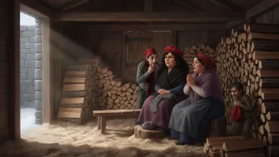 Inside a firewood shed a composed woman in a red cap sits on an upturned block with her knitting rolled in her lap while a gaunt man with fingers at his mouth and a lean exalted woman lean in to listen, and a small wiry man waits cap in hand among the stacked wood.