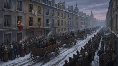 A wide view of a Paris street where six crowded open carts move slowly in a line, pushing the crowd back into two long ridges of faces, while in the windows above a woman sews on and a man points out the carts to a visitor.
