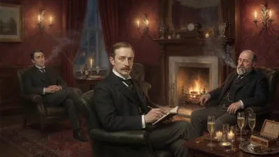 A lean sandy-haired Victorian inventor in a smoking jacket argues to seated guests in a firelit drawing room lit by early electric lamps.