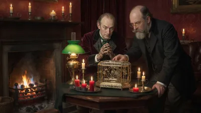 Victorian gentlemen examine a small brass and ivory framework on an octagonal table in front of a fire.