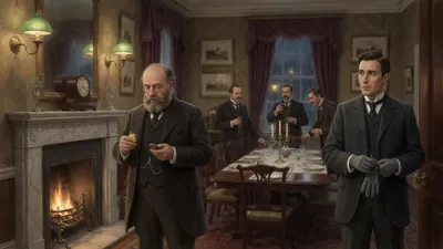 A Victorian doctor stands before a fire holding a note and a pocket watch while a newly arrived guest looks on and others wait beside a laid table with one empty place.