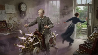 A Victorian inventor sits on a nickel and ivory machine in a workshop while a housekeeper in a dark dress streaks toward a garden door in a blur of motion.