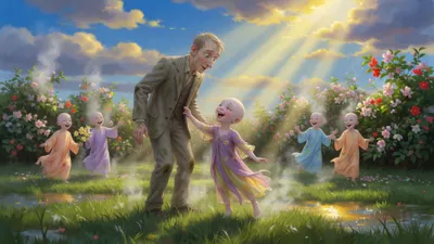 A tall Victorian man in a rumpled grey suit stands face to face with a small graceful person in a purple tunic who laughs up at him, with more small figures running up behind.
