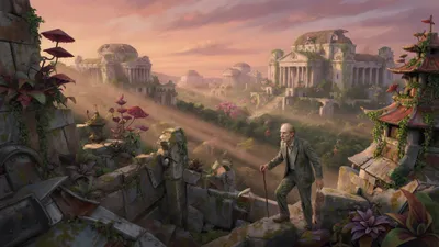 A Victorian man climbs among a vast overgrown ruin of granite and metal while a valley of scattered palaces stretches beyond.