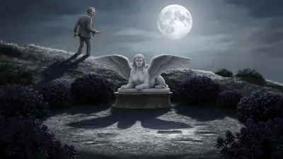 A Victorian man stands rigid on a moonlit hillside looking down at an empty lawn below a huge white marble sphinx.