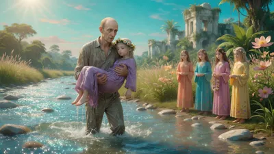 A soaked Victorian man carries a small flower-crowned young woman out of a shallow river while other small robed figures stand watching on the bank.