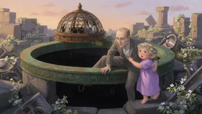 A Victorian man climbs over the bronze rim of a well while a small flower-crowned young woman clings to his arm and tries to pull him back.