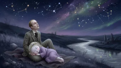 A Victorian man sits awake on a hillside at night beside a small sleeping flower-crowned figure, staring at a sky of strange constellations.
