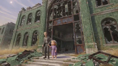 A Victorian man and a small flower-crowned young woman stand in the doorway of a vast crumbling green-tiled palace with broken windows.