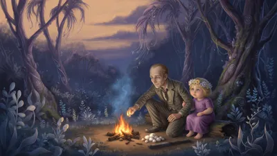 A Victorian man builds a small fire in a darkening wood while a small flower-crowned young woman sits close beside him, looking at the trees.