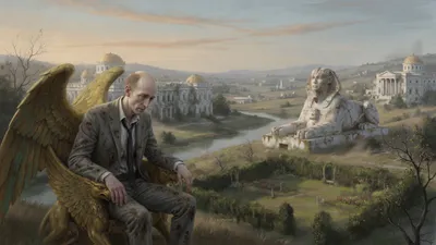 A weary Victorian man sits on a griffin-armed metal seat on a hilltop, looking down at a valley that now seems smaller and less beautiful.