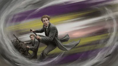 A Victorian man clings sideways on a rushing machine as the world streaks into grey light and enormous stretches of time.
