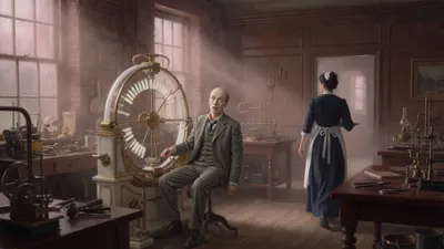 In a hazy laboratory a housekeeper in a dark dress glides backward toward a door while a Victorian man on a machine watches, astonished.