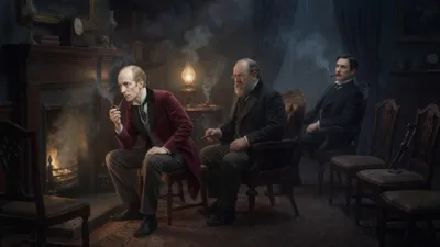 A weary Victorian inventor sits under a lamp asking a question while a doctor, a guest, and other shadowed listeners sit in a dark smoking-room.