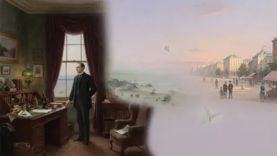 A thoughtful Victorian man stands at a window imagining, in the sky beyond, faint visions of ancient seas and of a still-human future city.