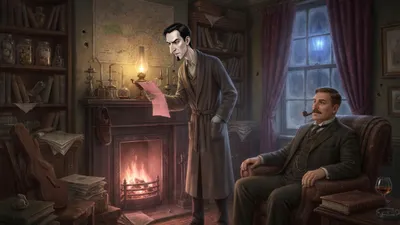 A very tall thin man in a grey dressing gown holds pink paper up to a lamp in a firelit Victorian sitting room while a moustached man in a dark suit watches.