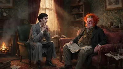 A stout red-haired man holding a newspaper sits opposite a very tall thin man in a grey dressing gown.