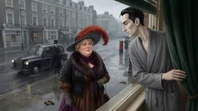 A woman in a large feathered hat hesitates on a street while a tall thin man watches from a first-floor window.
