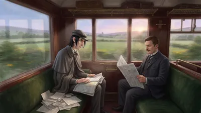 Two men sit in a railway carriage surrounded by newspapers, countryside rushing past.
